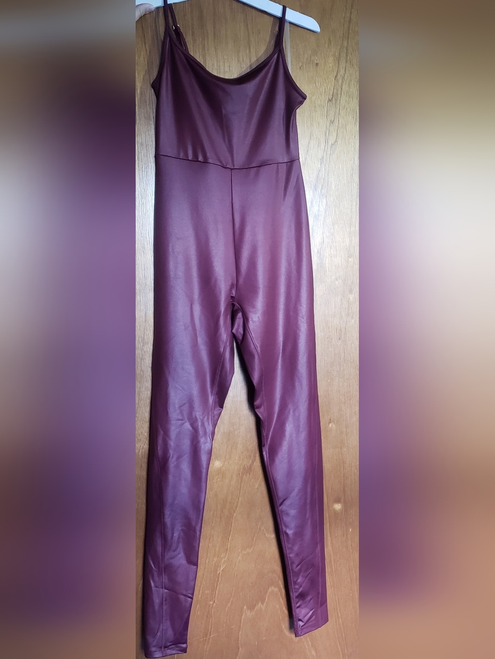 Sleek Faux-Leather Spaghetti-Strap Jumpsuit in Burgundy